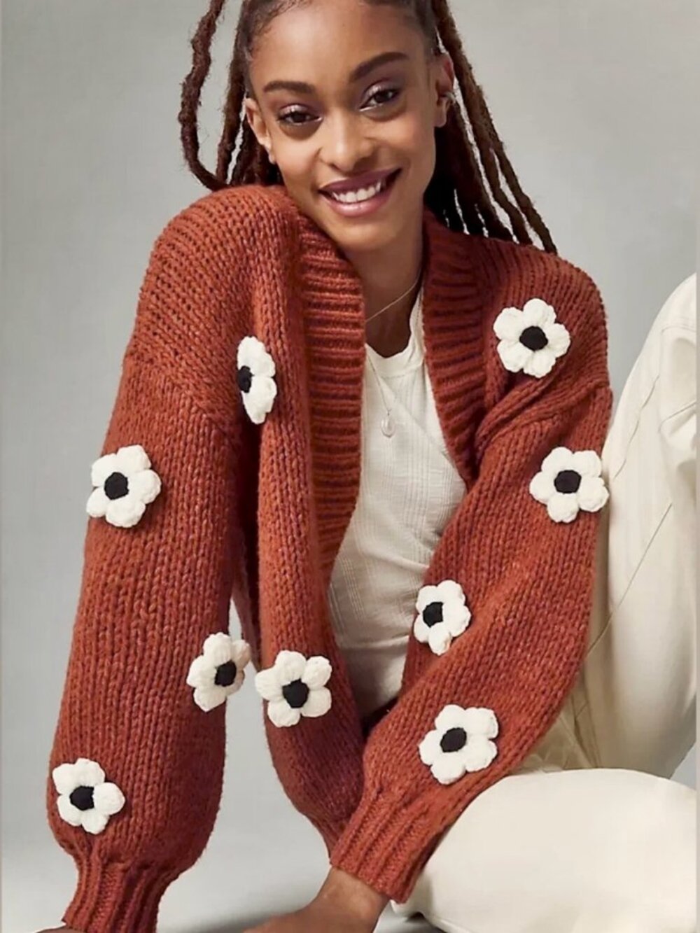 Maeve Anthropologie Susannah Chunky Rust 3D Flower Cardigan OS